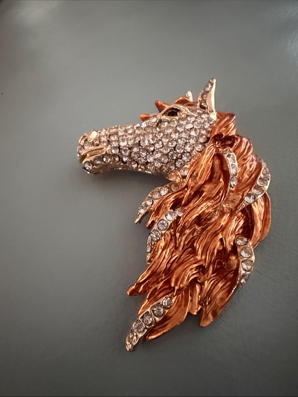 Crystal Horse Head Brooch in Rose Gold Tone